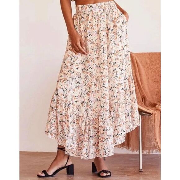 Free People Midi Skirt Ditsy Floral size XS Multicolor Boho Pull On Ruffles - Picture 1 of 12